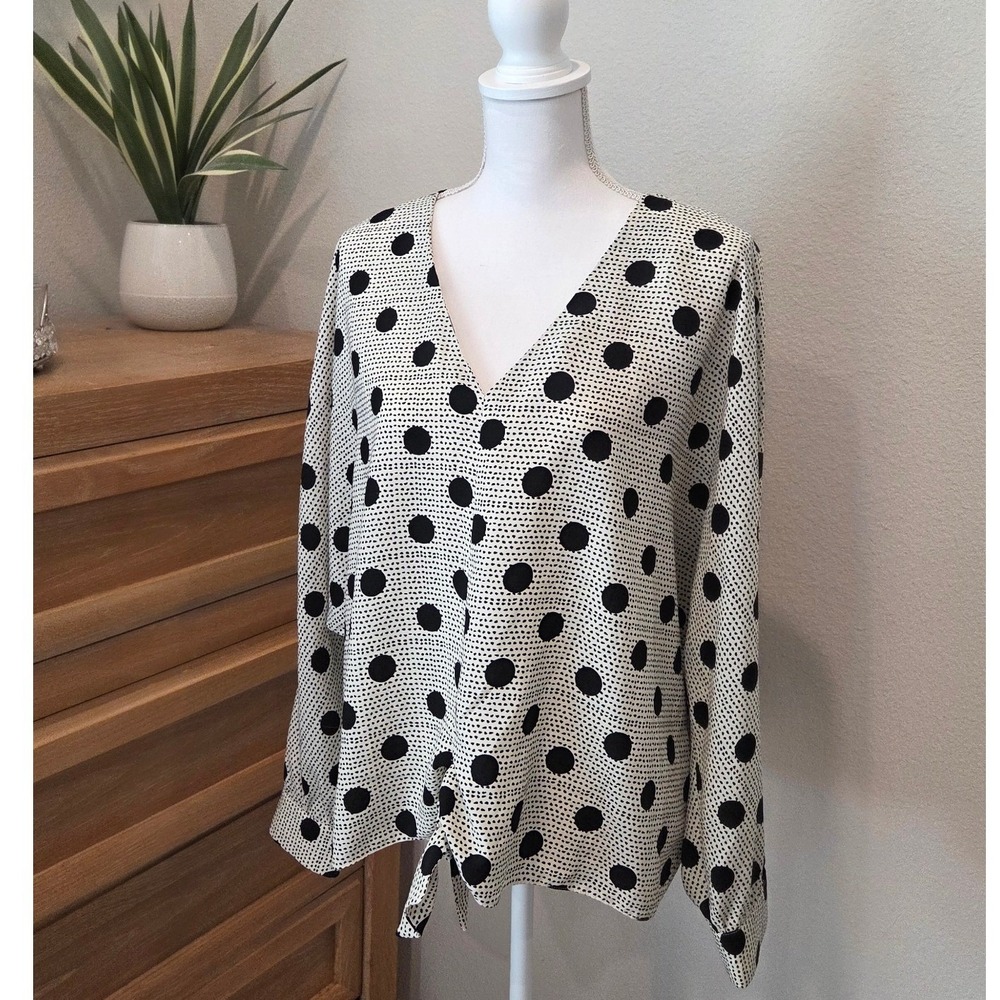 Primark Polka Dot Tie Front V Neck Long Sleeve Blouse Top Women Size 14 Modern - Picture 4 of 10